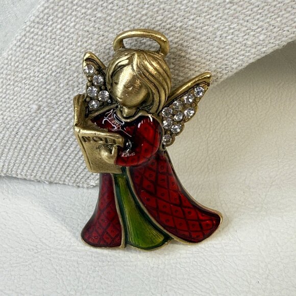 Angel Brooch Christmas Holiday Pin Rhinestone Wings Red & Green Enamel Gold-Tone - Picture 1 of 7
